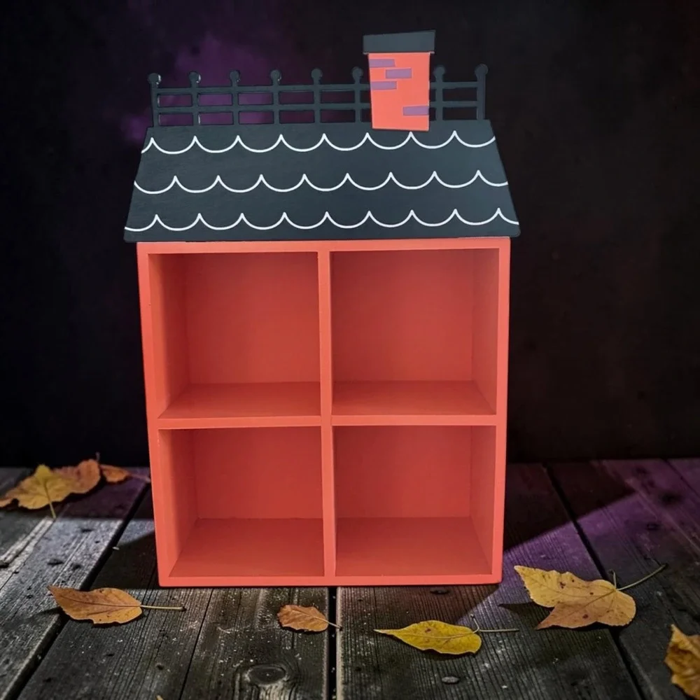 Halloween Wooden House Shelf Orange Black Spooky Decor Shadow Box Display